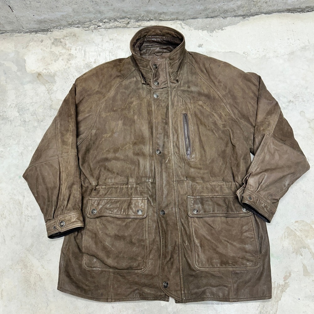 MENS VINTAGE LEATHER JACKET BROWN FULL ZIP COLLAR BUTTON‎ POCKETS STYLE 4328